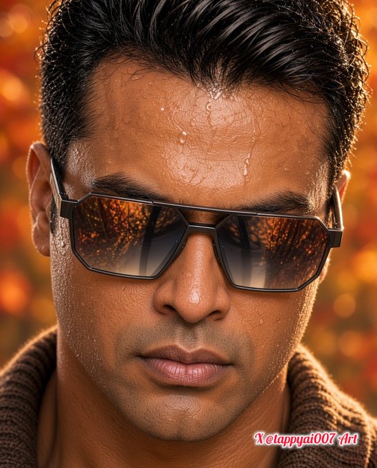 A close-up digital portrait or highly edited photo of a young man with dark hair and a serious expression, wearing angular sunglasses that reflect a fiery, ember-like scene. A watermark in the corner reads "Xlappyai007-Art".