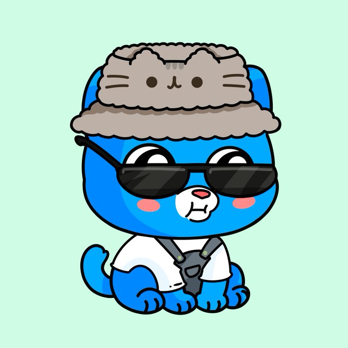 A cute cartoon illustration of a blue bear-like character wearing sunglasses, a furry winter hat, and white overalls against a light green background.