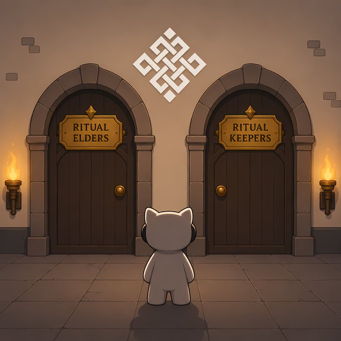 A small white cat-like character stands before two arched wooden doors labeled "RITUAL ELDERS" and "RITUAL KEEPERS," with an endless knot symbol above and torches flanking the entrance. The image visually represents the post's message of honoring early contributors ("Ritualists") to the Ritual ecosystem, presenting them with a choice or acknowledgment between those recognized as foundational "elders" and ongoing "keepers."