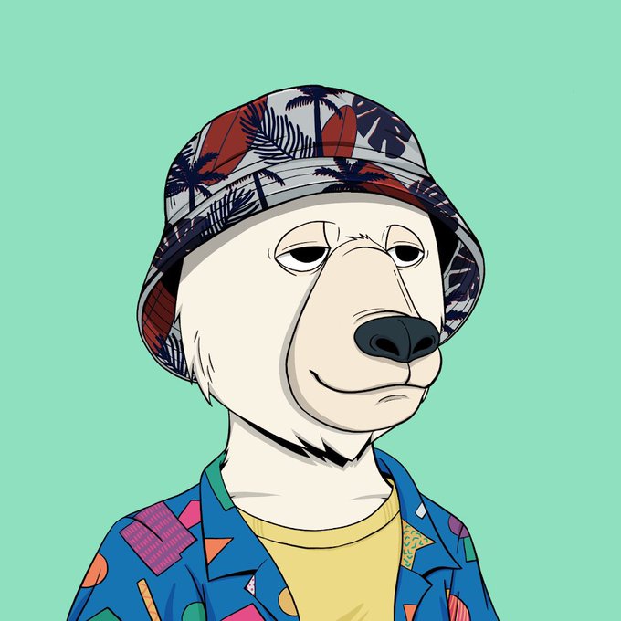 A cartoon white dog wearing a tropical palm-tree bucket hat and a colorful geometric-patterned Hawaiian shirt against a mint green background, visually representing the "Okay Bears" NFT collection being referenced in the post.