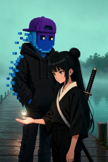 Anime-style illustration of a girl in a black kimono with a katana on her back, holding a glowing tear drop, standing beside a pixelated blue figure wearing a purple cap on a misty wooden pier.