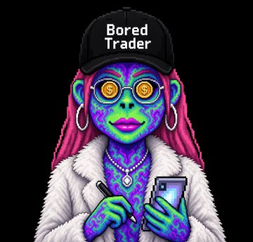 A vibrant digital illustration of a pink-haired ape character wearing a 'Bored Trader' cap, coin-shaped glasses, and a fur coat, holding a phone and pen.