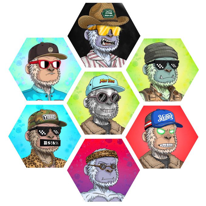 A collection of seven hexagonal NFT profile pictures featuring cartoon monkey characters in various hip-hop style outfits including cowboy hats, baseball caps, sunglasses, and pixelated 'deal with it' glasses.