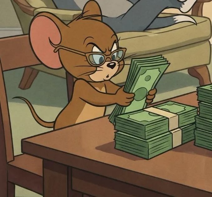 Cartoon image of Jerry from Tom and Jerry wearing glasses, carefully counting stacks of cash on a wooden desk.