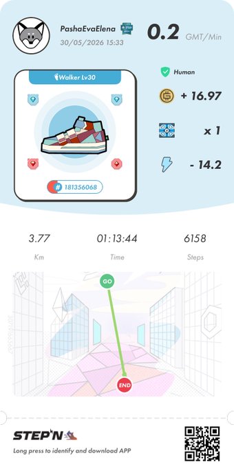 The image shows a screenshot of an app called "StepN", which appears to be a fitness tracking app. The app displays various information, including the user's name, the number of steps taken, and their location. There are also icons representing different activities such as walking, running, and cycling. The app is set against a white background with black text elements that provide instructions on how to use it or what features it offers.