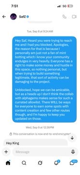 A screenshot of a text message conversation from 'taffz' discussing blocked users and community management, with messages about apologies, defamation, and legal action for unlawful activity.