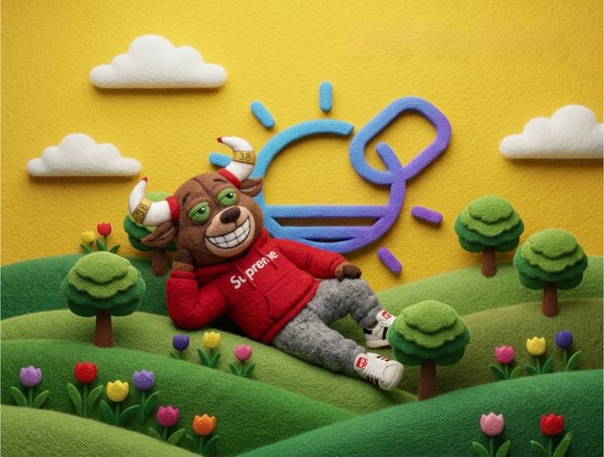 A colorful 3D rendered illustration in a clay/plasticine style featuring a Gremlin-like character wearing a red 'Supreme' hoodie and SuperMeshe shoes, lying on green hills with trees, flowers, and clouds in a yellow sky background.