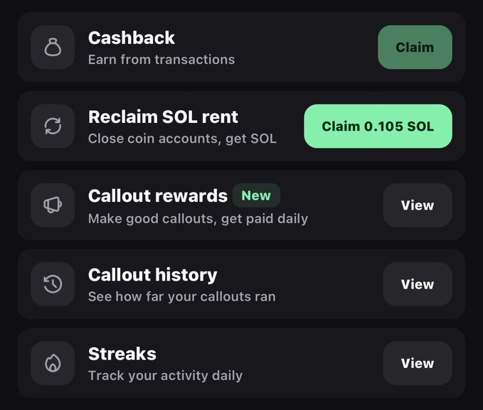 The image displays a Pumpfun mobile app interface with reward options including "Cashback" (Claim), "Reclaim SOL rent" (Claim 0.105 SOL), "Callout rewards" (View, marked New), "Callout history" (View), and "Streaks" (View). It directly illustrates the post's point by showing how multiple reward and claim features are accessible together in one convenient place.