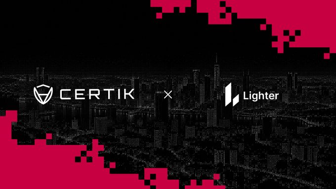 The graphic displays the CertiK and Lighter logos side by side over a dark cityscape with pink pixelated accents, visually representing the security partnership that has supported Lighter's rise past $1.7 trillion in trading volume.