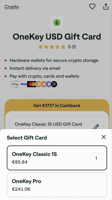 The image shows a Bitrefill page for purchasing OneKey USD Gift Cards, with options for the OneKey Classic 1S at €85.84 and the OneKey Pro at €241.06, offering €17.17 in cashback—aligning with the post's mention of buying OneKey products on Bitrefill to earn 20% cashback.