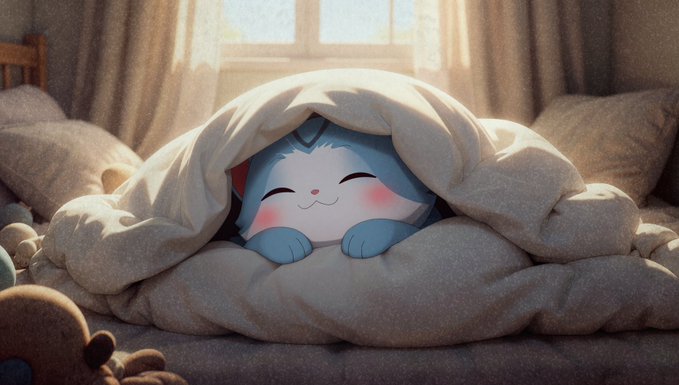 A cute blue cartoon cat peeks out from under a cozy white blanket on a bed, smiling contentedly with rosy cheeks. The image playfully ties into the caption "Which exchange should the cute cat get listed on next?" by treating the adorable cat as a token seeking its next exchange listing.