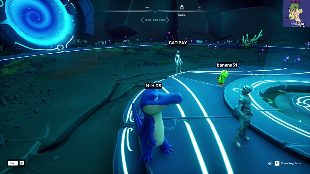 The image features a blue dinosaur walking across a road, surrounded by various characters from different video games. The dinosaur appears to be the main focus of the scene, with other characters positioned around it. In the background, there are two people standing near a temple gate and another person holding a sword. A car is also visible in the image.

The post seems to be related to a game or adventure where players take on the roles of characters from different video games. The dinosaur character might have been chosen as the avatar for daily tasks, while other characters could represent specific roles within the game's narrative.