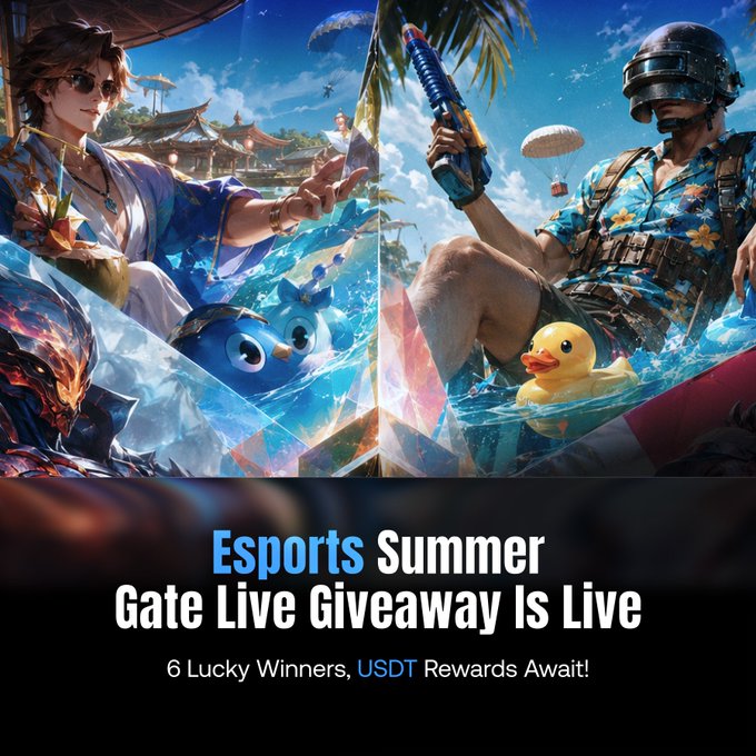 A promotional banner for an 'Esports Summer Gate Live Giveaway Is Live' featuring game characters in a beach/pool setting with the text '6 Lucky Winners, USDT Rewards Await!'.