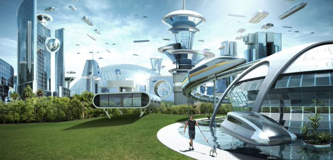 Futuristic cityscape illustration featuring towering skyscrapers, flying vehicles, and curved glass transit pods, with a person jogging on a pathway through a green park area.