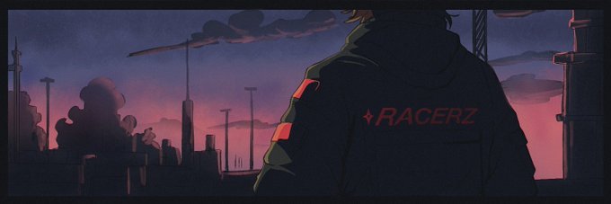 An anime-style illustration showing a person from behind wearing a dark hoodie with red text reading 'RACERZ', set against a purple sunset cityscape.