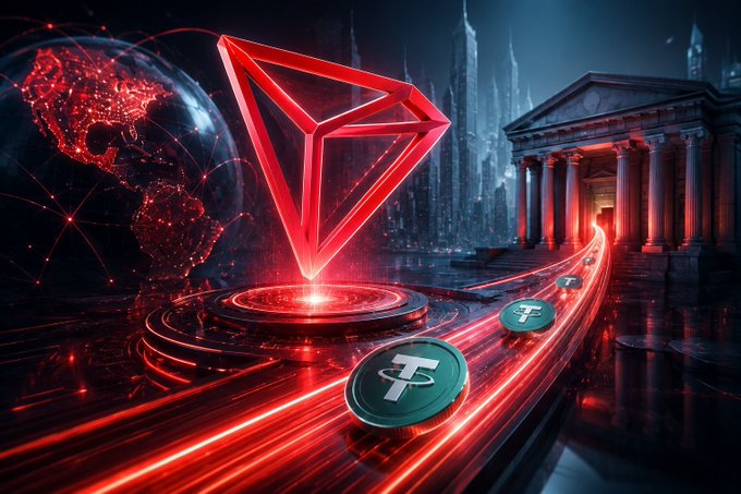 The image features a red triangle-shaped cryptocurrency called TRON, which is located at the center of the frame. The triangle is surrounded by four green circles that represent stablecoins. These circles are moving along a path with a red line, symbolizing the direction in which they are heading. The background of the image shows a cityscape with buildings and a globe, suggesting an urban setting. The caption above the image reads "TRON is not only strong in liquidity  - but is heading in the right direction with stablecoin legal trends Stablecoins are gradually stepping out of the gray zone to become a part of the traditional financial system with clear regulation".