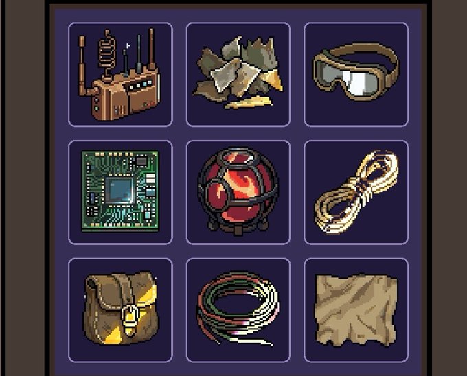 A pixel art inventory screen displaying 9 items in a grid: a radio, broken glass, goggles, circuit board, red orb, rope, satchel, wire coil, and burlap sack.