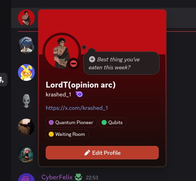 A Discord user profile popup for "LordT(opinion arc)" with the handle "krashed_1" featuring role tags "Quantum Pioneer," "Qubits," and "Waiting Room," along with the prompt "Best thing you've eaten this week?"