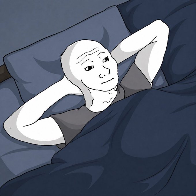 The caption: A bald Wojak lies in bed with hands behind his head, looking up with a tired, determined expression as he contemplates his desperate plan to get rich quick before his mother grows old.

The image relates to the post by visually representing the Wojak character's resigned yet calculating mindset—he's lying awake in bed, likely scheming about how to make money fast, capturing the anxious urgency behind the statement about his aging mother.