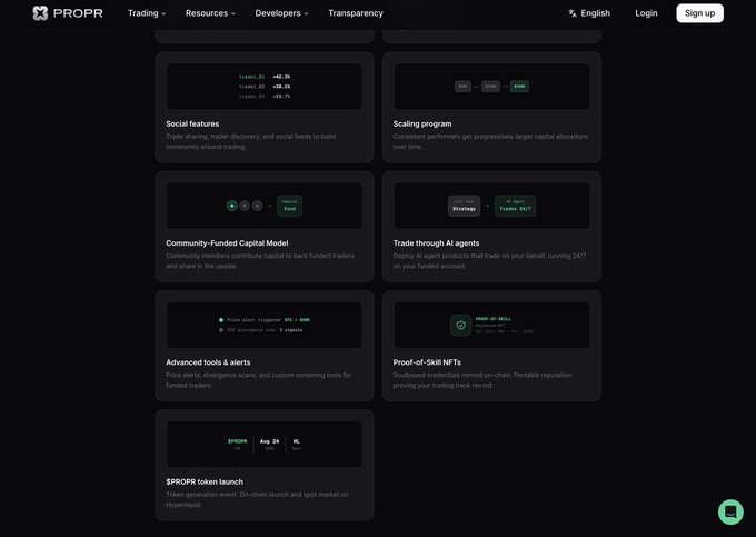 A dark-themed website for 'PROPR' listing features like 'Social features', 'Scaling program', 'Community-funded Capital Model', and a '$PROPR token launch'.