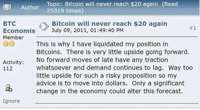 A forum screenshot dated July 9, 2011, shows user "BTC Economis" titled "Bitcoin will never reach $20 again," advising members to liquidate positions and move into dollars—a prediction that Bitcoin has since surpassed by over 4,300x.