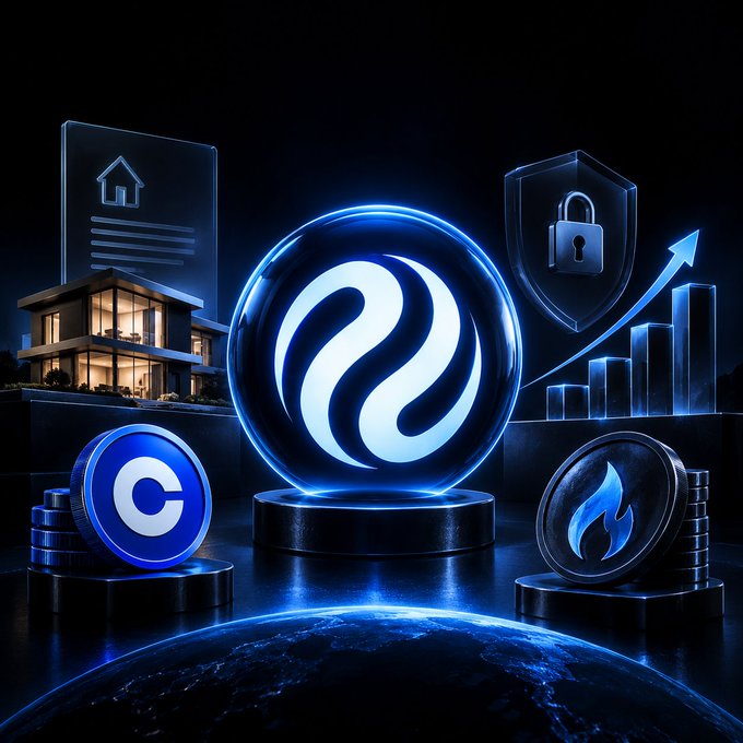 A 3D digital illustration showing cryptocurrency and real estate icons, including a glowing blue logo, a shield with a padlock, a house, and a house with growth bars above Earth.