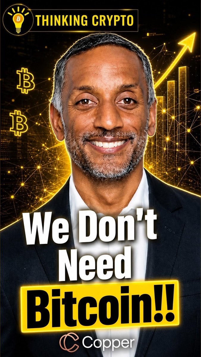 A YouTube thumbnail for "Thinking Crypto" featuring Amar Kuchinad, CEO of Copper, with bold text reading "We Don't Need Bitcoin!!" set against a Bitcoin-themed background with an upward arrow, visually emphasizing his contrarian view that stablecoins outperform Bitcoin as a currency.
