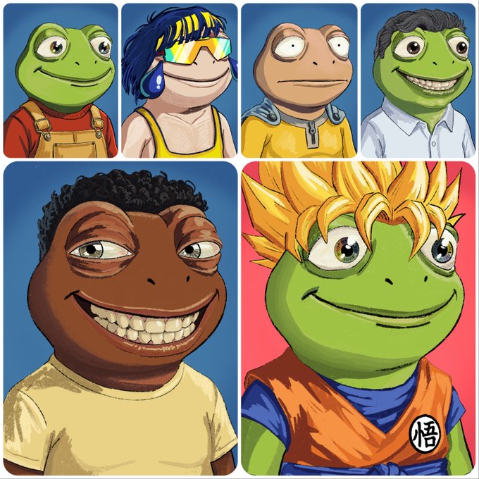 A grid of six cartoon frog-like faces with varying hairstyles and expressions, with the bottom right frog resembling Super Saiyan Goku with spiky blonde hair.