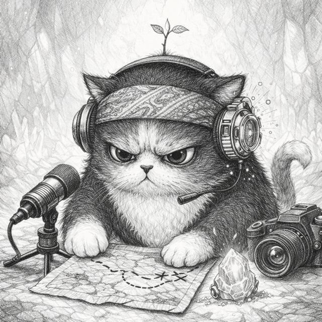 A grumpy-looking cat wearing headphones, a bandana, and a headset microphone sits in a forest surrounded by a camera, a map, and a crystal, conveying an intense "treasure-hunting" or investigative vibe that ties into the excitement of discovering an NFT gem.