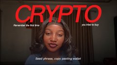The image displays the word "CRYPTO" in large red letters across the top with the tagline "Remember the old days — you had to buy," while a woman speaks below with the caption "Seed phrase, copy pasting wallet" — humorously illustrating the cumbersome past of crypto transactions, which the post contrasts with PayBox's new AI-driven approach to trading.