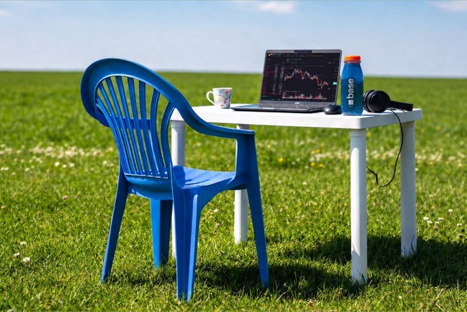 A blue plastic chair sits at a white table on a grassy field, with a laptop displaying a stock chart and a bottle labeled "Base" alongside a coffee mug. The setup humorously represents setting up a makeshift outdoor trading desk to greet the weekend markets.