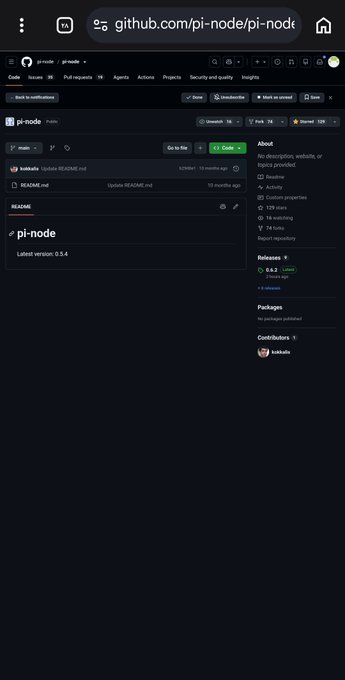 A GitHub repository page for "pi-node" (pi-node/pi-node) is shown in dark mode, displaying version 0.5.4 with 74 tags and 139 stars, alongside a brief README. The image relates to the post by referencing a Node.js version update, suggesting the "pi-node" project is undergoing significant developments tied to the Pi Network ecosystem.