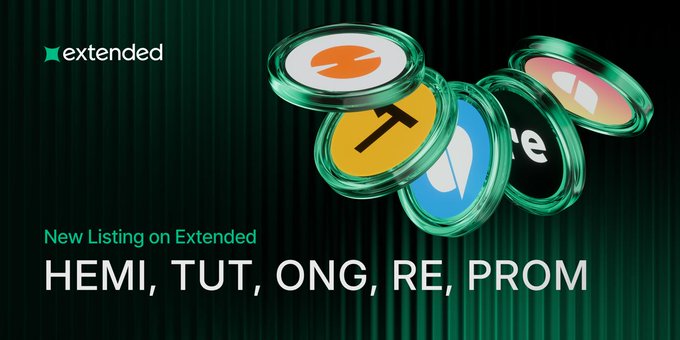 A promotional graphic from Extended announcing new listings for HEMI, TUT, ONG, RE, and PROM, displayed as colorful 3D token icons alongside the text "New Listing on Extended." The image visually represents the five newly tradable cryptocurrencies with up to 5x leverage mentioned in the post.