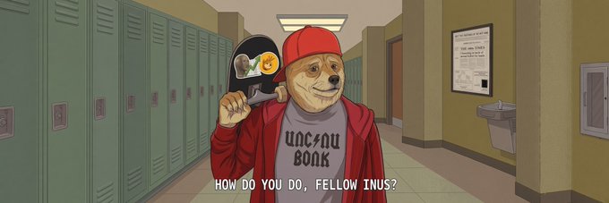 An animated scene showing a dog wearing a red cap and red hoodie over a shirt reading 'ՍՈՂՈՍԱԴ BOAK' holding a gun in a school hallway, with the caption 'HOW DO YOU DO, FELLOW INUS?'