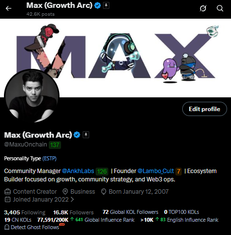 The image shows a Twitter post with a man's name, Max Arc, and his profile picture of himself sitting down. The post includes a link to a website called "MaxArc" that has information about the company. The text on the post mentions that the company is a community manager for Ankh lab, which is a business focused on growth strategy and ecosystem management. The post also mentions that the company was founded in January 2007 by Ankh lab's founder, who used to be a business creator.