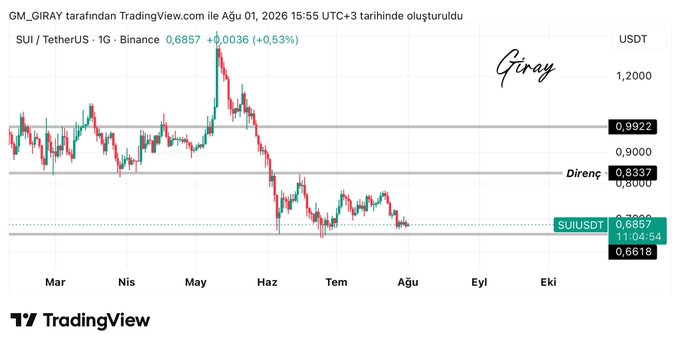 A TradingView chart of SUI/USDT on the 1-day timeframe from Binance, created by GM_GIRAY on January 1, 2026, showing the price at 0.6857 (+0.53%), with horizontal support/resistance lines marked at 0.9922, 0.8337, and 0.6618, illustrating the asset hovering near the critical 0.6618 support zone referenced in the analysis.