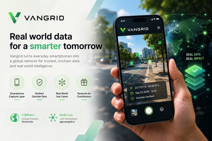 An advertisement for 'VANGRID' featuring the tagline 'Real world data for a smarter tomorrow', showing a smartphone displaying a verified location capture, alongside icons for smartphone capture layer, verified onchain data, and 3 Billion+ devices worldwide.
