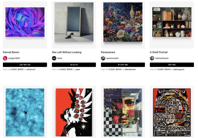 A gallery of eight digital artworks displayed in a 2x4 grid, each labeled with a title and artist username including "Eternal Bloom" by polygon1993, "She Left Without Looking" by botto, "Perseverare" by quantumspirit, and "A Shelf Portrait" by kaelivanfossen, with bid amounts and time remaining shown below each piece—representing live auctions on SR.