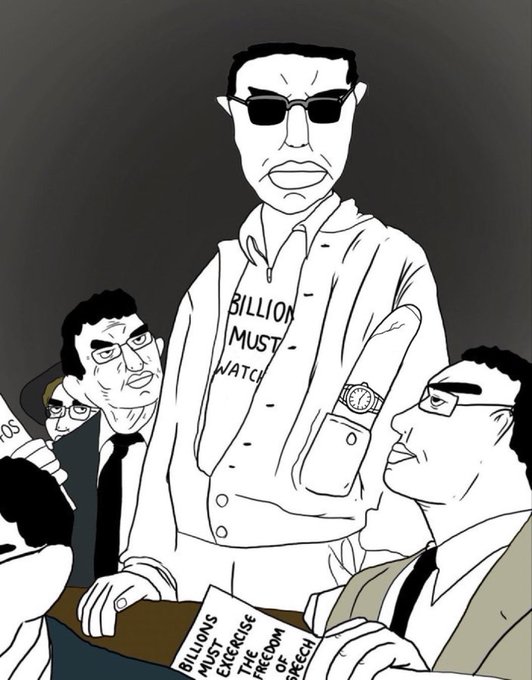 A cartoon illustration depicts a man wearing sunglasses and a jacket labeled "BILLION MUST WATCH," standing confidently behind a table as reporters gather around with microphones and notes asking "BILLIONS MUST EXERCISE THE FREEDOM OF SPEECH." The image satirizes the media's intense scrutiny and pressure on public figures to address financial speculation ("stonk"), paralleling how Solana community members are being pressed to publicly discuss the current market cycle despite personal reluctance.