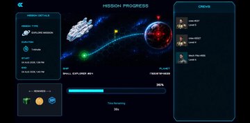 A space-themed video game interface showing 'MISSION PROGRESS' with a spaceship traveling between planets, fuel level at 36%, and mission details for an explorer ship.