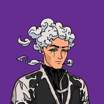 A digital illustration of a character with curly white hair and green eyes wearing a black and white outfit against a solid purple background.