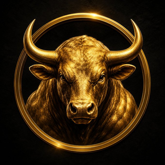 A golden bull's head with prominent horns is encased within a circular golden ring against a dark background, embodying the luxurious "Golden Bull" meme coin ($GBULL) being bought back on Base via o1.exchange. The image's regal gold aesthetic reinforces the post's celebration of $30 in fees being used to reclaim the $GBULL token culture.