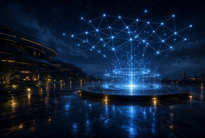 A futuristic nighttime scene featuring a glowing blue, web-like digital structure and circular platform in a wet plaza, with modern architecture on the left.