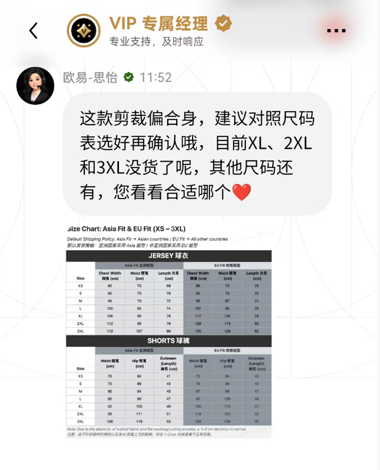 A chat screenshot shows a VIP customer service message from "欧易·思怡" at 11:52, explaining that the item runs fitted and XL, 2XL, and 3XL are sold out, accompanied by a detailed Jersey and Shorts size chart with measurements for sizes XS through 3XL. The image relates to the post by illustrating the limited size availability that forced the buyer to settle for an M size instead of their preferred larger sizes.