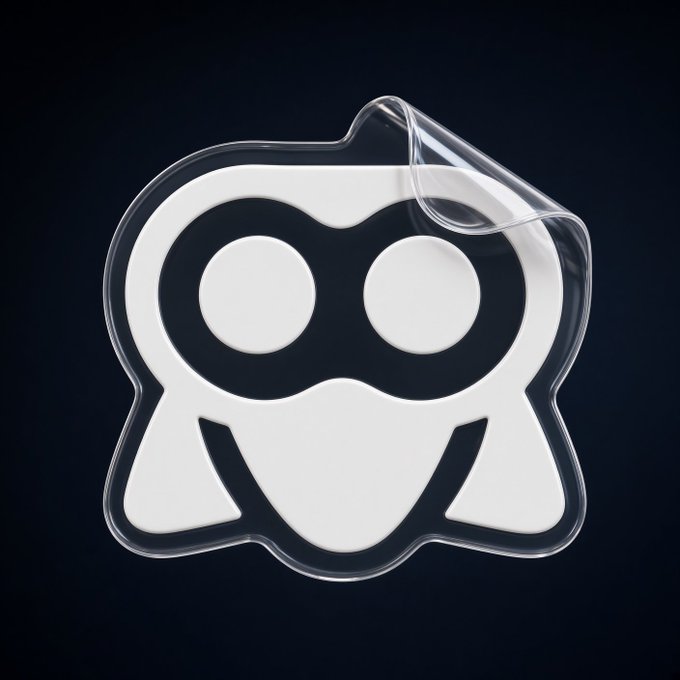 A 3D rendered logo/mascot of a friendly robot-like character with two large round eyes and a wide smile on a dark blue background.