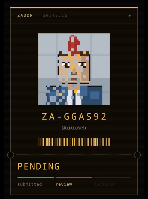 Another 'ZADDR WHITELIST' card featuring a pixel art character with a red mohawk and facial tattoos, identified as 'ZA-GGAS92' by '@uiuxweb', also showing a 'PENDING' status.