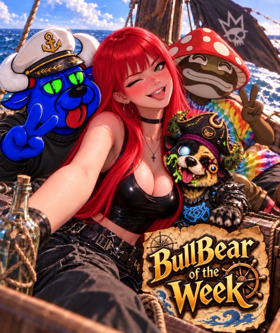 An anime-style illustration titled 'BullBear of the Week' featuring a red-haired female pirate character posing with cartoonish pirate mascots including a blue dog in a sailor hat and a pug dressed as a pirate.