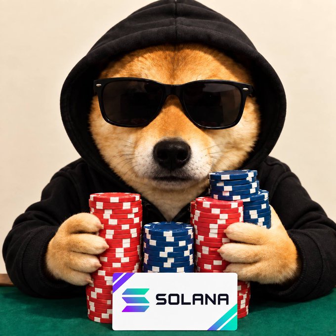 A Shiba Inu dog wearing sunglasses and a black hoodie poses behind stacks of red, white, and blue poker chips alongside a sign displaying the Solana logo and name, humorously tying the "stonks" meme dog mascot to Solana's bullish ("stonklana") crypto rally.