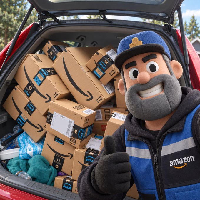 A 3D rendering of a stylized Amazon delivery driver mascot with a gray beard, wearing a blue cap and an Amazon uniform, giving a thumbs-up next to the open trunk of a red car filled with Amazon Prime boxes.