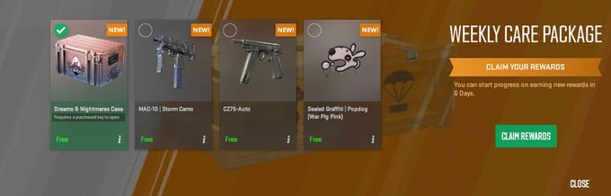 A 'Weekly Care Package' rewards screen showing free items including a Dreams & Nightmares Case, MAC-10 | Storm Camo, CZ75-Auto, and Sealed Graffiti | Popdog, with a 'Claim Rewards' button.